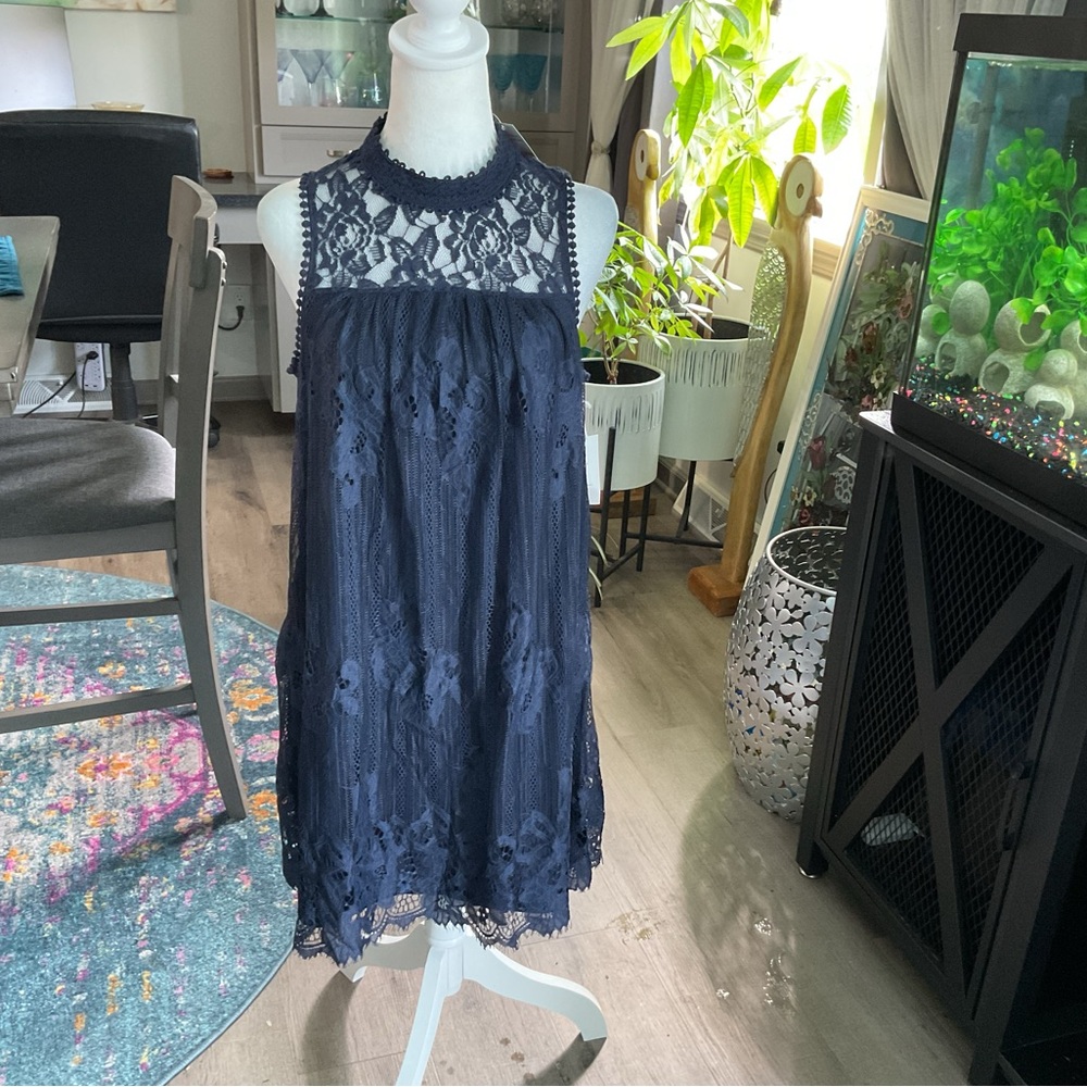 Chic Navy Lace Halter Dress - Picture 1 of 7